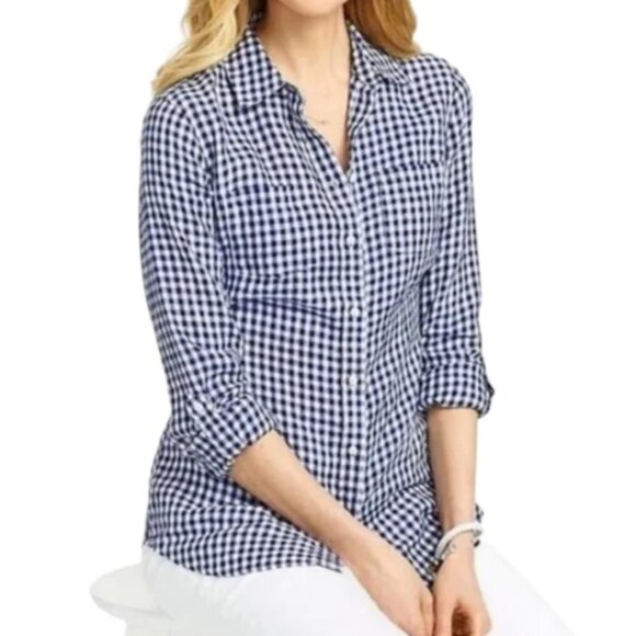 Talbots Blue Gingham Plaid Button Front Linen Shirt Size 3X Petite Preppy Casual - Picture 1 of 8